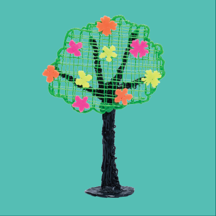 A 3D doodled tree with a black stump and colorful leaves on a teal background
