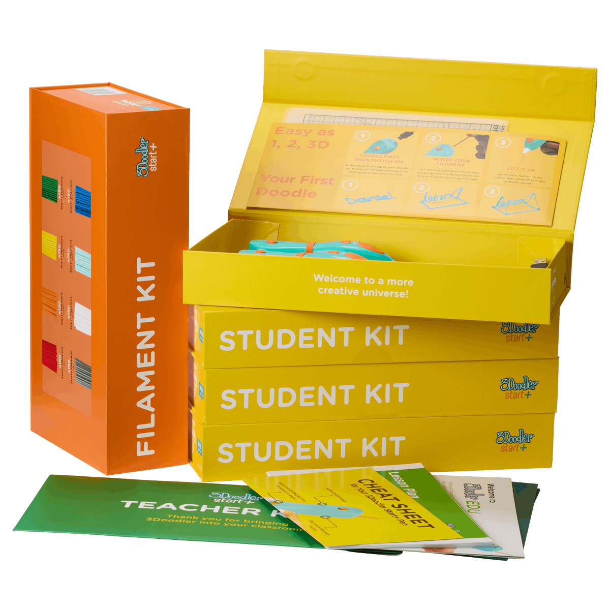 A 3Doodler Filament Kit displayed on a white background, featuring an orange box, a stack of yellow Student Kit boxes, a green Teacher Kit booklet, and a yellow instruction sheet.