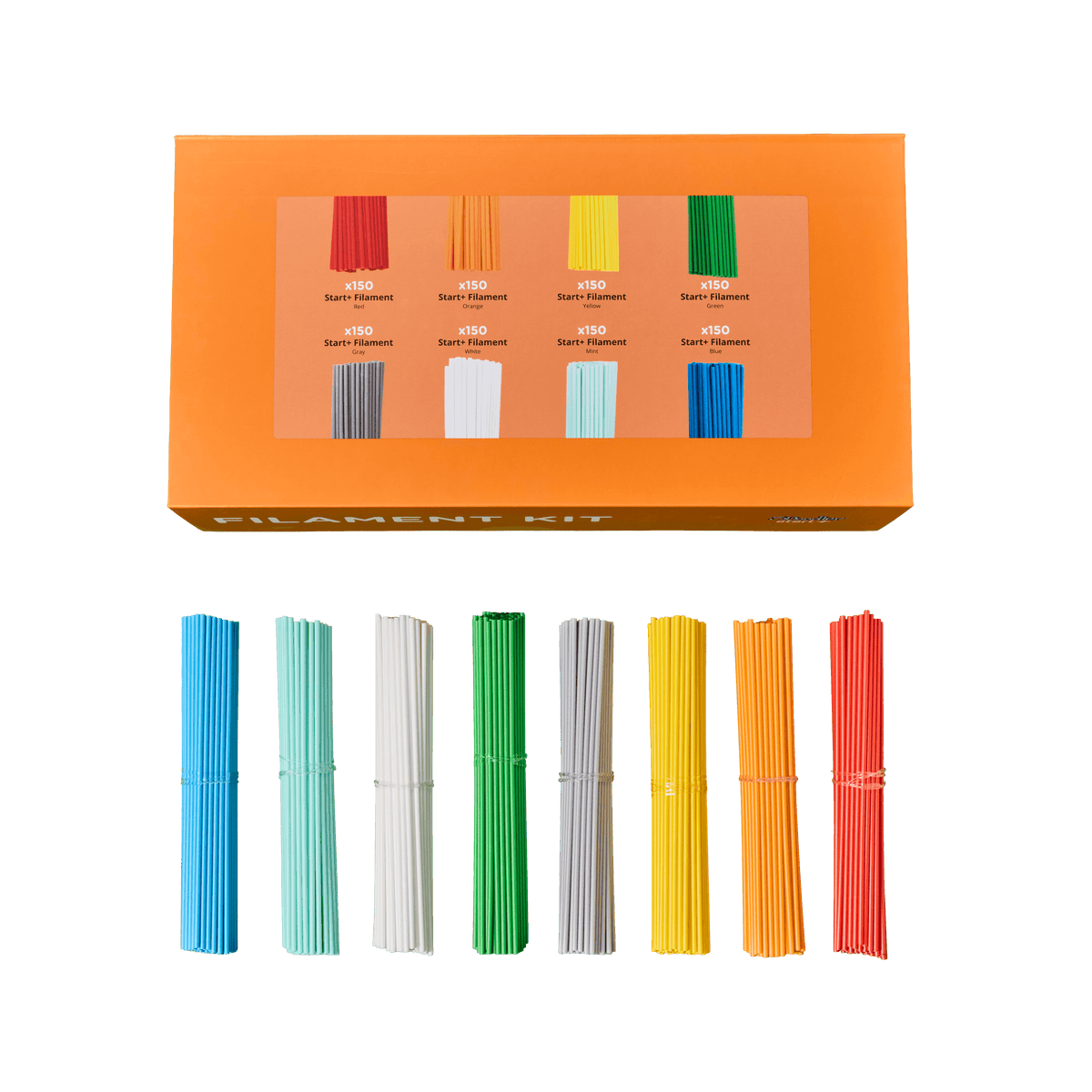 An orange filament kit box shown above eight bundled strands of filament in different colors, including blue, mint, white, green, yellow, orange, and red, on a clear background.
