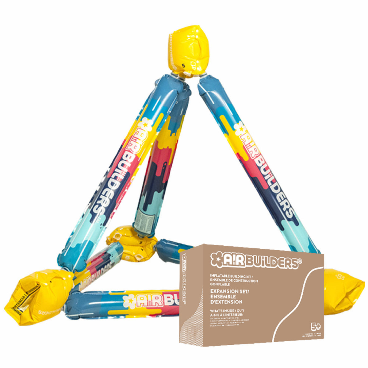 AirBuilders 22pc Expansion Set Box alongside a constructed inflatable pyramid, set on a white background.