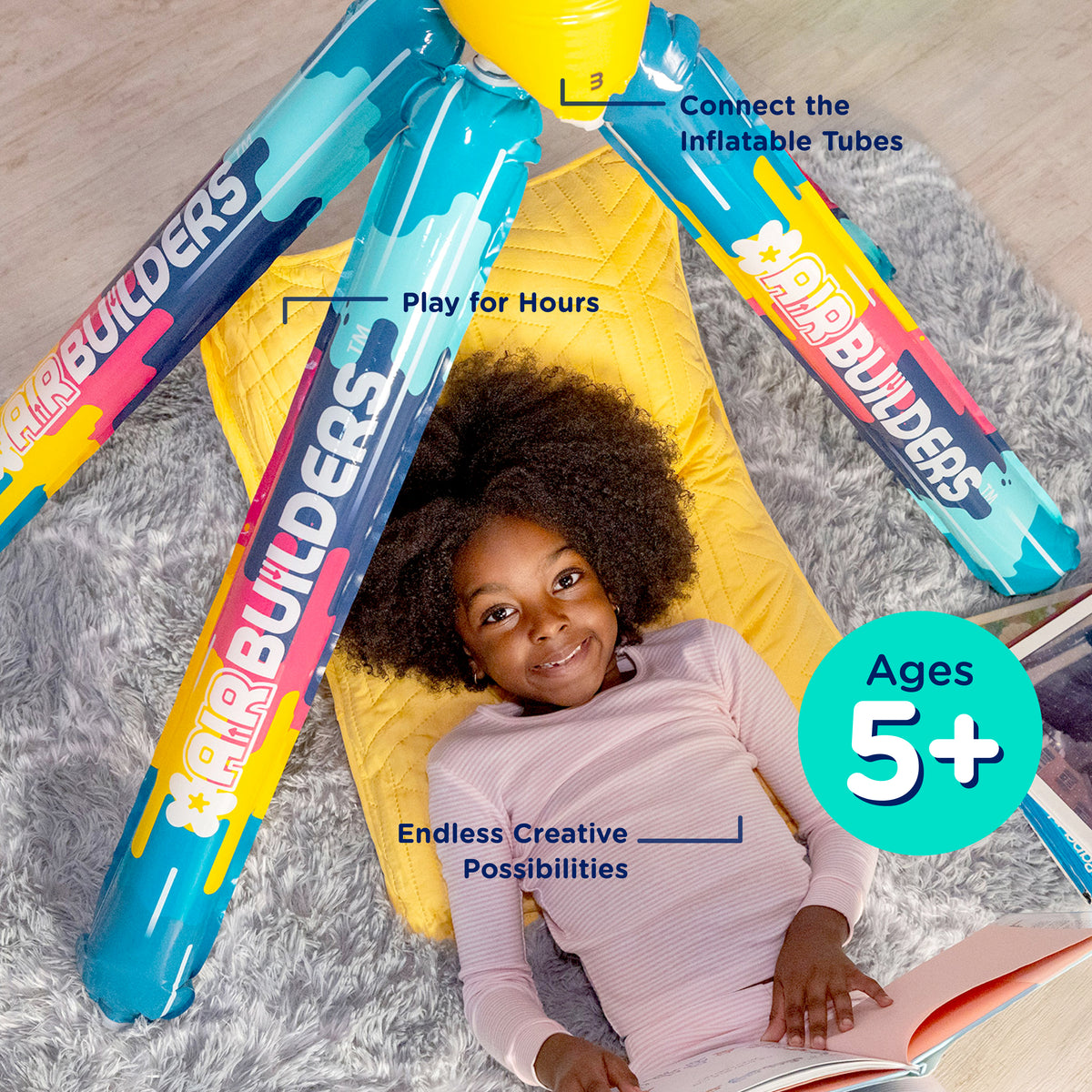 A young child lies under an AirBuilders pyramid. Text overlays describe features like connecting inflatable tubes, playing for hours, endless creative possibilities, and ages 5+.