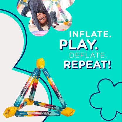 AirBuilders pyramid displayed on a turquoise background with text reading 'Inflate. Play. Deflate. Repeat!'
