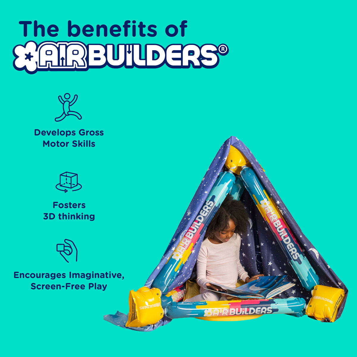 An inflatable play tent made from AIRBUILDERS with a child inside is shown on a bright turquoise background with text and icons about developmental benefits - Develops gross motor skills, fosters 3D thinking, and encourages screen-free play.