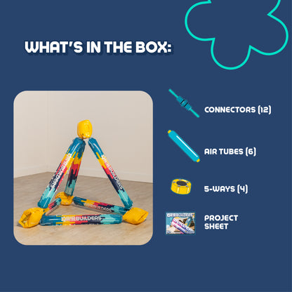 What's in the box graphic: 12x connectors, 6x air tubes, 4x 5-way connectors, project sheet