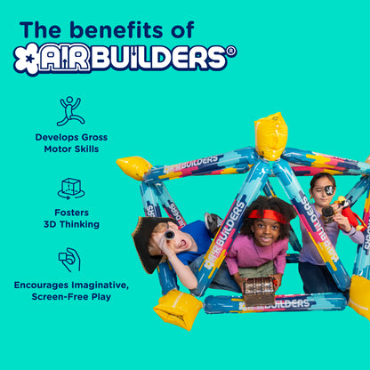 Children playing with an AirBuilders inflatable structure on a bright turquoise background, with marketing text listing benefits such as developing gross motor skills, fostering 3D thinking, and encouraging imaginative screen-free play.