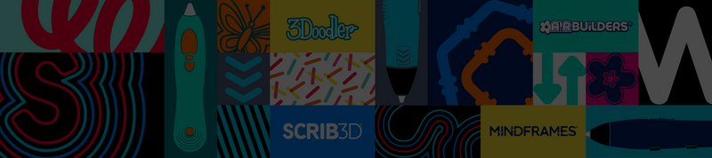 A dark banner or collage featuring multiple colorful logo tiles and abstract graphic elements, including visible text such as 3Doodler, Scrib3D, Mindframes, and AirBuilders.
